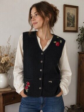 SOLO Black Wool Embroidered Rose Vest | Boho Cottagecore Floral Button Front 12